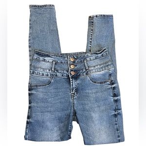 Refuge Medium Wash High Waisted Zip Three Button Fly Distressed Leg size 6